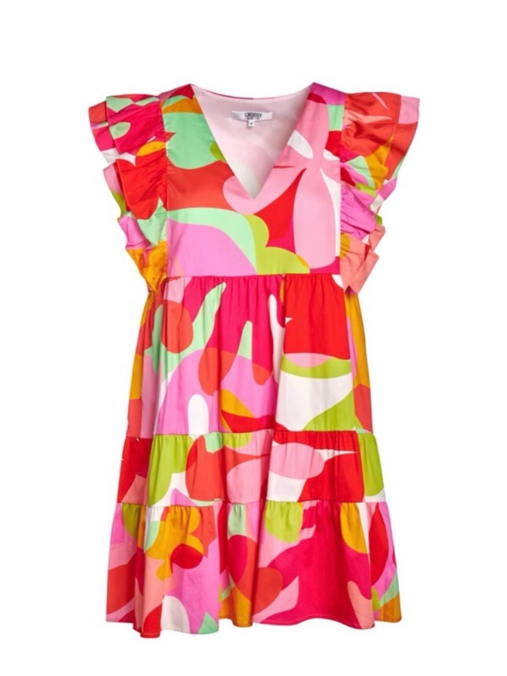 CROSBY by Mollie Burch Pink Red Green Abstract Ruffle-Sleeve Dress